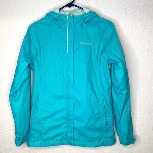 Columbia OmniTech girl’s size L turquoise mesh rain jacket EUC.